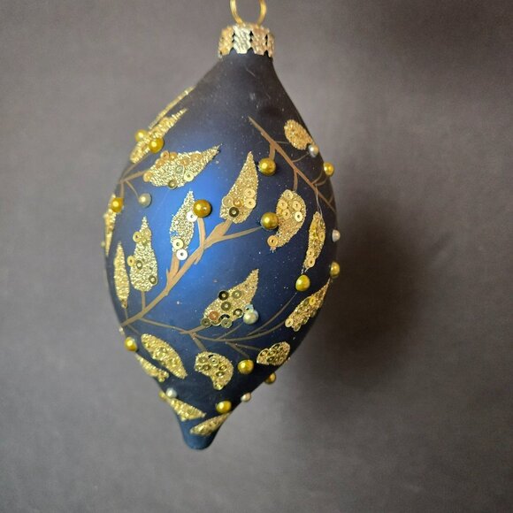Frontgate Gold Leaf Blue Teardrop Glass Christmas Ornament Hand Decorated - Picture 2 of 8